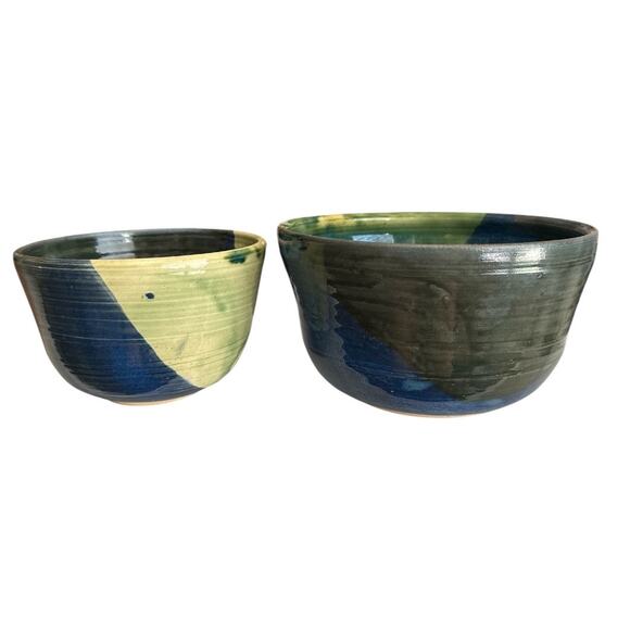 Handmade Signed Blue Green Glazed Bowls Set of 2 - Picture 3 of 10